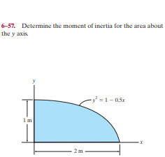 6-57. Determine the moment of inertia for the area about
the y axis.
-y² = 1 - 0.5x
1m
