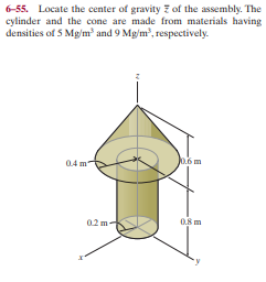 6-55. Locate the center of gravity z of the assembly. The
cylinder and the cone are made from materials having
densities of 5 Mg/m' and 9 Mg/m', respectively.
04 m
0.6m
02 m-
