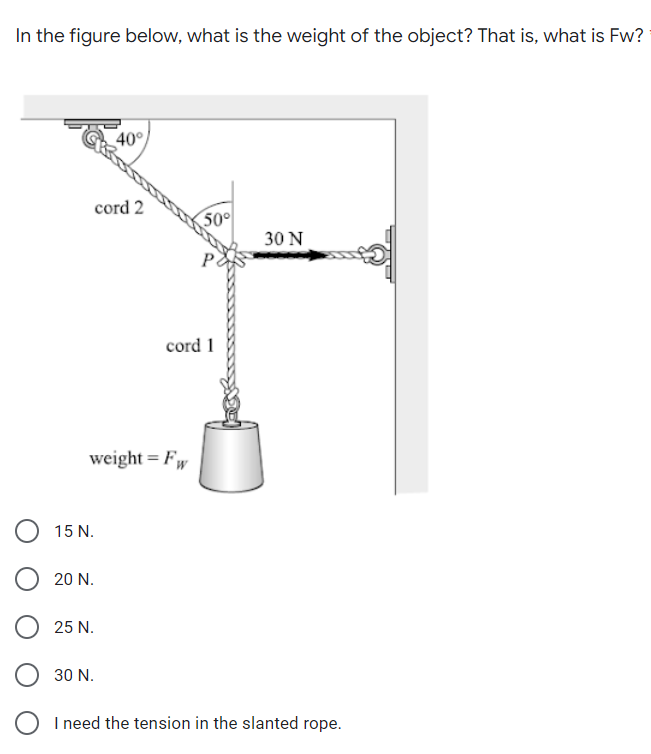 In the figure below, what is the weight of the object? That is, what is Fw?
40°
cord 2
50
30 N
cord 1
weight = Fw
15 N.
20 N.
25 N.
30 N.
I need the tension in the slanted rope.
