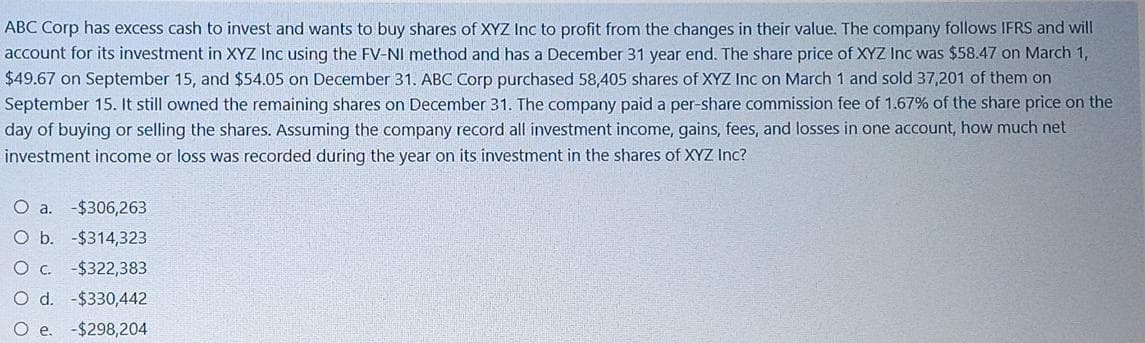 ABC Corp has excess cash to invest and wants to buy shares of XYZ Inc to profit from the changes in their value. The company follows IFRS and will
account for its investment in XYZ Inc using the FV-NI method and has a December 31 year end. The share price of XYZ Inc was $58.47 on March 1,
$49.67 on September 15, and $54.05 on December 31. ABC Corp purchased 58,405 shares of XYZ Inc on March 1 and sold 37,201 of them on
September 15. It still owned the remaining shares on December 31. The company paid a per-share commission fee of 1.67% of the share price on the
day of buying or selling the shares. Assuming the company record all investment income, gains, fees, and losses in one account, how much net
investment income or loss was recorded during the year on its investment in the shares of XYZ Inc?
O a.
-$4306,263
O b. -$314,323
-$322,383
O d. -$330,442
O .
-$298,204
