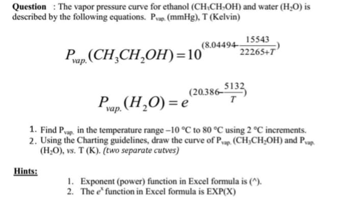 Question: The vapor pressure curve for ethanol (CH,CH,OH) and water (H₂O) is
described by the following equations. Pvap. (mmHg), T (Kelvin)
Pvap.(CH₂CH₂OH)=10°
Hints:
(8.04494
Pvap. (H₂O) = e
(20.386-
15543
22265+T
5132
T
1. Find Pvap, in the temperature range -10 °C to 80 °C using 2 °C increments.
2. Using the Charting guidelines, draw the curve of Pap. (CH3CH₂OH) and Pvap.
(H₂O), vs. T (K). (two separate cutves)
1. Exponent (power) function in Excel formula is (^).
2. The e function in Excel formula is EXP(X)