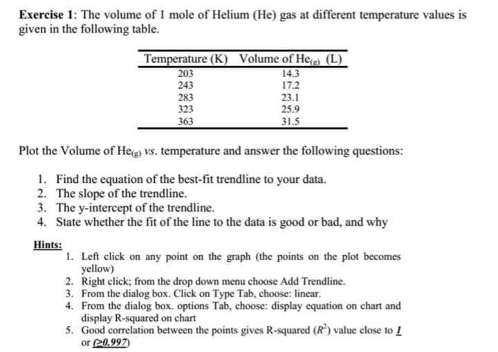 Exercise 1: The volume of 1 mole of Helium (He) gas at different temperature values is
given in the following table.
Temperature (K) Volume of He(g) (L)
14.3
17.2
23.1
25.9
31.5
203
243
283
323
363
Plot the Volume of He(g) vs. temperature and answer the following questions:
1. Find the equation of the best-fit trendline to your data.
2. The slope of the trendline.
3. The y-intercept of the trendline.
4. State whether the fit of the line to the data is good or bad, and why
Hints:
1. Left click on any point on the graph (the points on the plot becomes
yellow)
2. Right click; from the drop down menu choose Add Trendline.
3. From the dialog box. Click on Type Tab, choose: linear.
4. From the dialog box. options Tab, choose: display equation on chart and
display R-squared on chart
5. Good correlation between the points gives R-squared (R²) value close to 1
or (20.997)