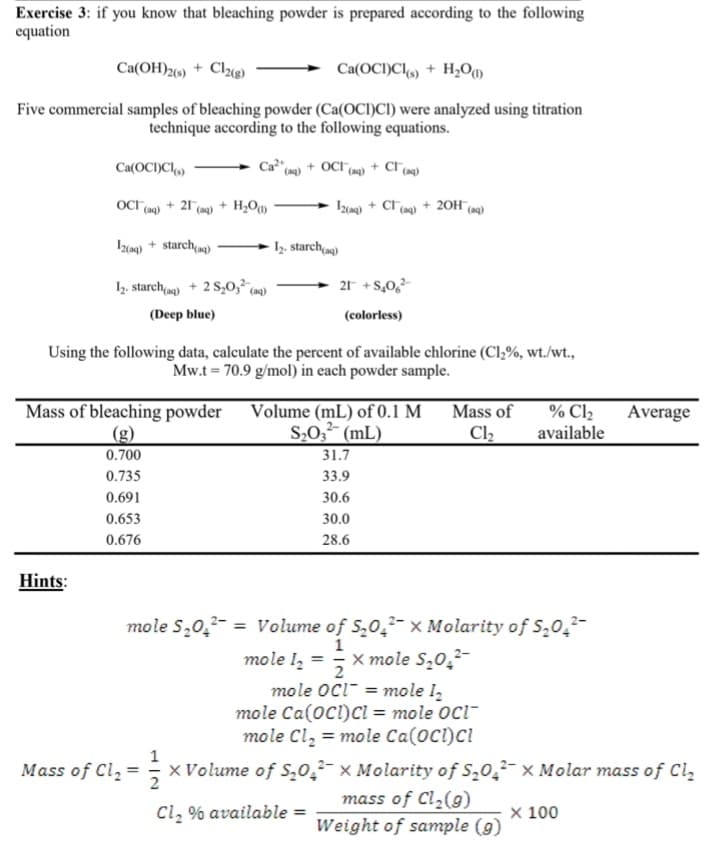 Exercise 3: if you know that bleaching powder is prepared according to the following
equation
Ca(OH)2(s) + Cl2(g)
Ca(OCI)C(s) + H₂O(1)
Five commercial samples of bleaching powder (Ca(OCI)CI) were analyzed using titration
technique according to the following equations.
Ca(OCI)Cl(s)
OCI (aq) + 21 (aq) + H₂O)
12(aq) + starch (aq)
1₂. starch (aq) + 2 S₂03² (aq)
(Deep blue)
Ca²+ + OCT (19)
(aq)
Mass of bleaching powder
(g)
0.700
0.735
0.691
0.653
0.676
Hints:
+ CT (aq)
12(aq) + Cl(aq) + 2OH(aq)
1₂. starch(aq)
Using the following data, calculate the percent of available chlorine (C1₂%, wt./wt.,
70.9 g/mol) in each powder sample.
Mw.t
21 +S40,²
(colorless)
Volume (mL) of 0.1 M Mass of
S₂O3² (mL)
Cl₂
31.7
33.9
30.6
30.0
28.6
% Cl₂
available
mole S₂04² = Volume of S₂0₂2 x Molarity of S₂0₂2-
1
mole I₂ = X mole S₂0₂²
2
mole OCI= mole 1₂
mole Ca(OCI)Cl = mole OCI-
mole Cl₂ = mole Ca(OCI)Cl
Average
Mass of Cl₂ = 1/ x Volume of S₂02x Molarity of S₂042 x Molar mass of Cl₂
mass of Cl₂ (9)
Cl₂ % available =
Weight of sample (g)
X 100