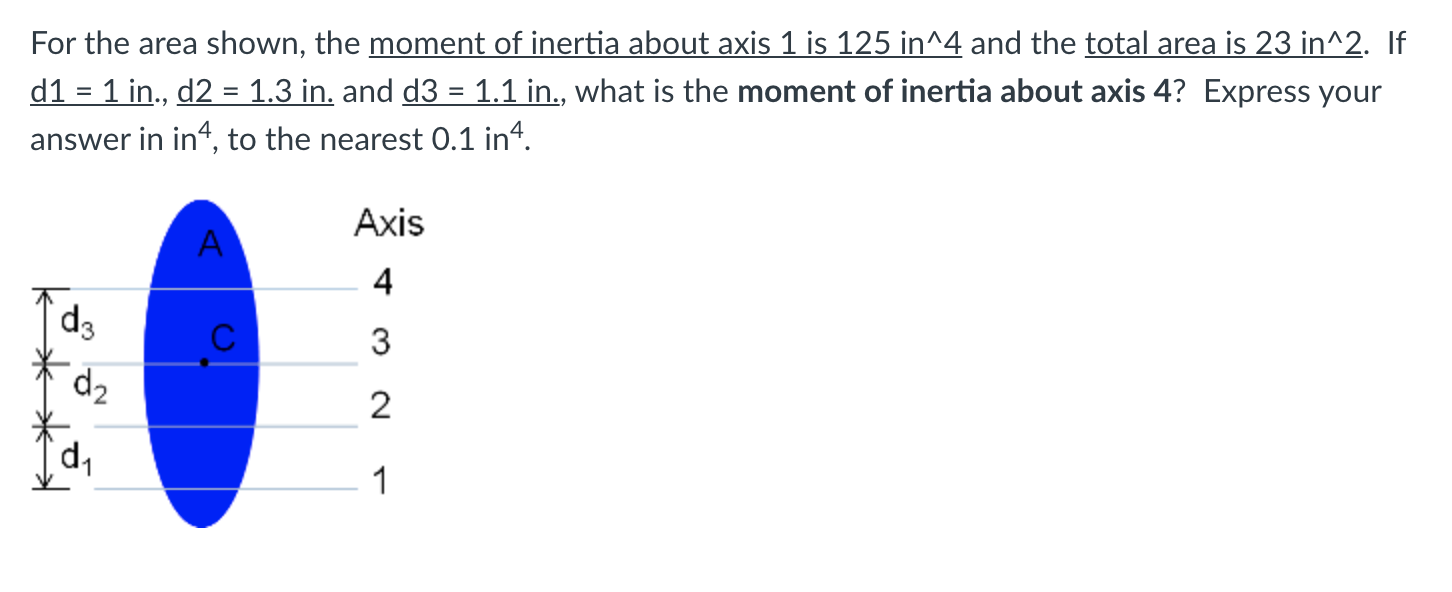 For the area shown, the moment of inertia about axis 1 is 125 in^4 and the total area is 23 in^2. If
d1 = 1 in., d2 = 1.3 in. and d3 = 1.1 in., what is the moment of inertia about axis 4? Express your
answer in in“, to the nearest 0.1 in“.
Axis
4
d3
3
*d2
2
1
