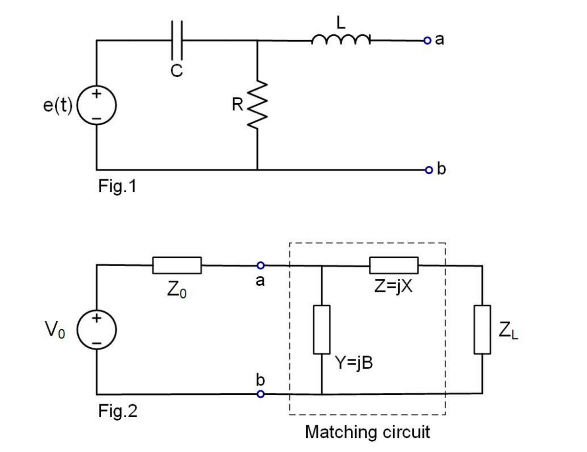 o a
+
e(t)
R.
ob
Fig.1
a
Zo
Z=jX
0.
Vo
ZL
Y=jB
b
Fig.2
Matching circuit
