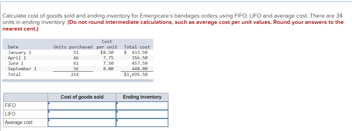 Calculate cost of goods sold and ending inventory for Emergicare's bandages orders using FIFO, LIFO and average cost. There are 34
units in ending inventory. (Do not round intermediate calculations, such as average cost per unit values. Round your answers to the
nearest cent.)
Cost
Units purchased per unit
$8.50
Date
Total cost
$ 433.50
January 1
April 1
51
46
7.75
356.50
June 1
61
7.50
457.50
September 1
Total
56
8.00
448.00
214
$1,695.50
Cost of goods sold
Ending inventory
FIFO
LIFO
Average cost
