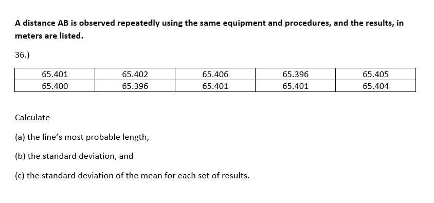 A distance AB is observed repeatedly using the same equipment and procedures, and the results, in
meters are listed.
36.)
65.401
65.402
65.406
65.396
65.405
65.400
65.396
65.401
65.401
65.404
Calculate
(a) the line's most probable length,
(b) the standard deviation, and
(c) the standard deviation of the mean for each set of results.
