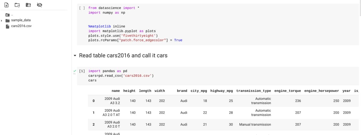 [] from datascience import *
import numpy as np
sample_data
cars2016.csv
%matplotlib inline
import matplotlib.pyplot as plots
plots.style.use('fivethirtyeight')
plots.rcParams["patch.force_edgecolor"] = True
- Read table cars2016 and call it cars
[1] import pandas as pd
cars=pd.read_csv('cars2016.csv')
cars
name height length width
brand city_mpg highway_mpg transmission_type engine_torque engine_horsepower year is
2009 Audi
Automatic
140
143
202
Audi
18
25
236
250 2009
A3 3.2
transmission
2009 Audi
Automatic
1
140
143
202
Audi
22
28
207
200 2009
A3 2.0 TAT
transmission
2009 Audi
140
143
202
Audi
21
30
Manual transmission
207
200 2009
A3 2.0 T
2009 Audi
