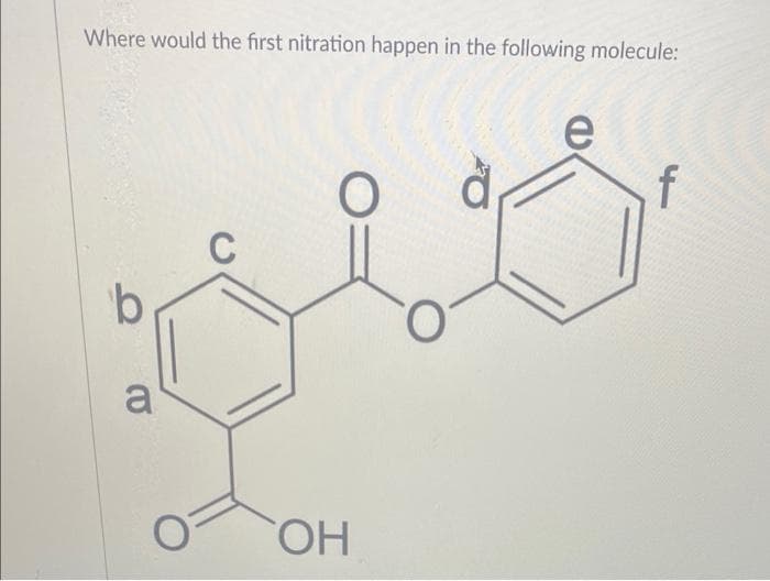 Where would the first nitration happen in the following molecule:
b
a
ОН
е
f