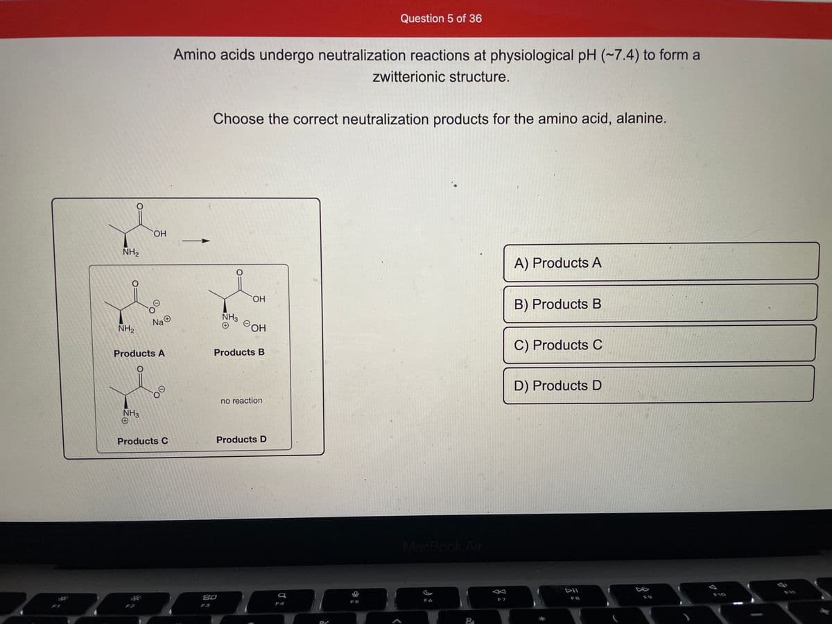 NH₂
O
NH₂
OH
NH3
Na
Products A
Products C
Amino acids undergo neutralization reactions at physiological pH (~7.4) to form a
zwitterionic structure.
F3
Choose the correct neutralization products for the amino acid, alanine.
O
80
NH3
OH
OH
Products B
no reaction
Products D
a
Question 5 of 36
F4
F5
MacBook Air
F6
&
F7
A) Products A
B) Products B
C) Products C
D) Products D
DII
F8
z ²
F9
7
F10
GE