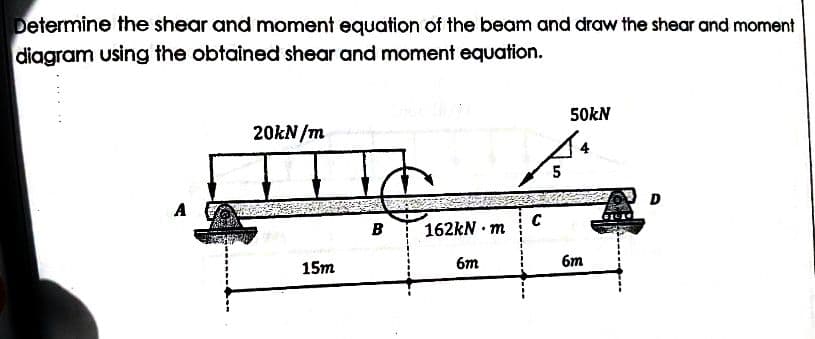 Determine the shear and moment equation of the beam and draw the shear and moment
diagram using the obtained shear and moment equation.
A
20kN/m
15m
B
162kN m
6m
50kN
A
5
C
6m