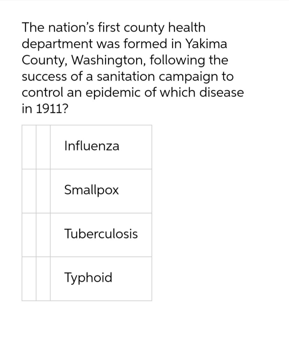 The nation's first county health
department was formed in Yakima
County, Washington, following the
success of a sanitation campaign to
control an epidemic of which disease
in 1911?
Influenza
Smallpox
Tuberculosis
Typhoid