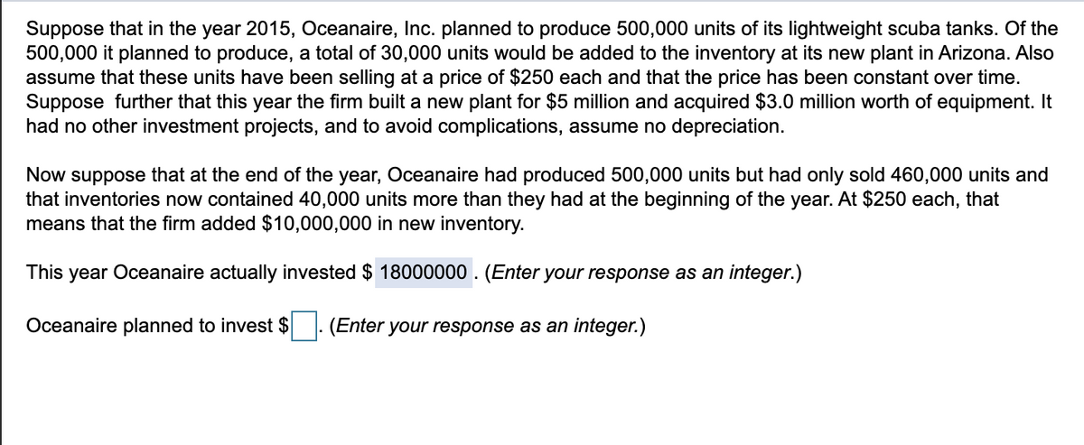 Suppose that in the year 2015, Oceanaire, Inc. planned to produce 500,000 units of its lightweight scuba tanks. Of the
500,000 it planned to produce, a total of 30,000 units would be added to the inventory at its new plant in Arizona. Also
assume that these units have been selling at a price of $250 each and that the price has been constant over time.
Suppose further that this year the firm built a new plant for $5 million and acquired $3.0 million worth of equipment. It
had no other investment projects, and to avoid complications, assume no depreciation.
Now suppose that at the end of the year, Oceanaire had produced 500,000 units but had only sold 460,000 units and
that inventories now contained 40,000 units more than they had at the beginning of the year. At $250 each, that
means that the firm added $10,000,000 in new inventory.
This year Oceanaire actually invested $ 18000000. (Enter your response as an integer.)
Oceanaire planned to invest $ (Enter your response as an integer.)