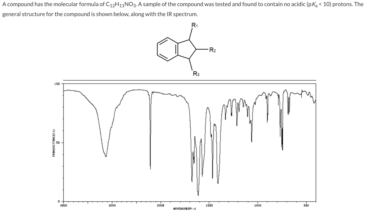 A compound has the molecular formula of C12H11NO3. A sample of the compound was tested and found to contain no acidic (pKą ≤ 10) protons. The
general structure for the compound is shown below, along with the IR spectrum.
LOD
TRANSMITTANCEI
D
4000
3000
2000
R₁
R3
HAVENUMBERI -11
R₂
1500
mp
mr
1000
500