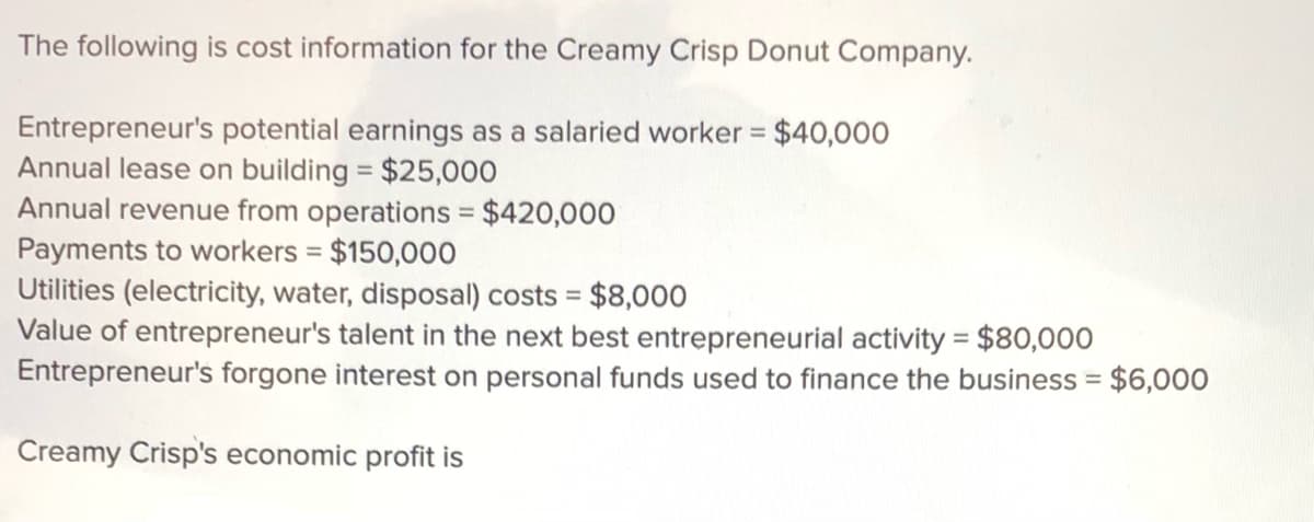 The following is cost information for the Creamy Crisp Donut Company.
Entrepreneur's potential earnings as a salaried worker = $40,000
Annual lease on building = $25,000
Annual revenue from operations = $420,000
Payments to workers :
Utilities (electricity, water, disposal) costs = $8,000
Value of entrepreneur's talent in the next best entrepreneurial activity = $80,000
Entrepreneur's forgone interest on personal funds used to finance the business = $6,000
$150,000
%3D
Creamy Crisp's economic profit is
