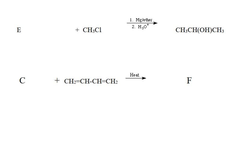 1. Mglether,
2. H,0*
E
+ CH3C1
CH3CH(OH)CH3
Нeat
C
+ CH-CH-СH-СH
F
