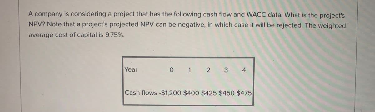 A company is considering a project that has the following cash flow and WACC data. What is the project's
NPV? Note that a project's projected NPV can be negative, in which case it will be rejected. The weighted
average cost of capital is 9.75%.
Year
0 1 2
3
4
Cash flows -$1,200 $400 $425 $450 $475
