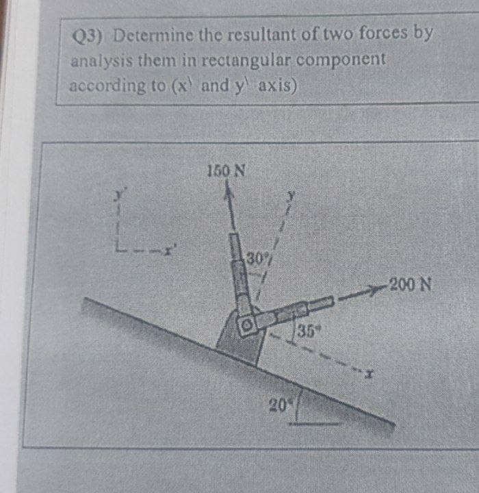 Q3) Determine the resultant of two forces by
analysis them in rectangular component
according to (x and y axis)
150 N
307
-200 N
35*
20
