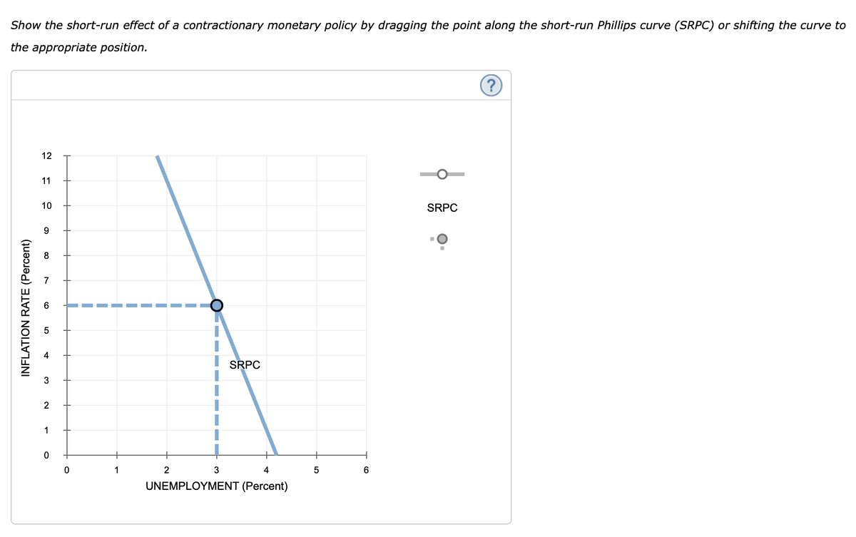 Show the short-run effect of a contractionary monetary policy by dragging the point along the short-run Phillips curve (SRPC) or shifting the curve to
the appropriate position.
INFLATION RATE (Percent)
12
11
10
9
8
5
4
3
2
1
0
0
1
2
4
UNEMPLOYMENT (Percent)
SRPC
3
5
6
SRPC
?