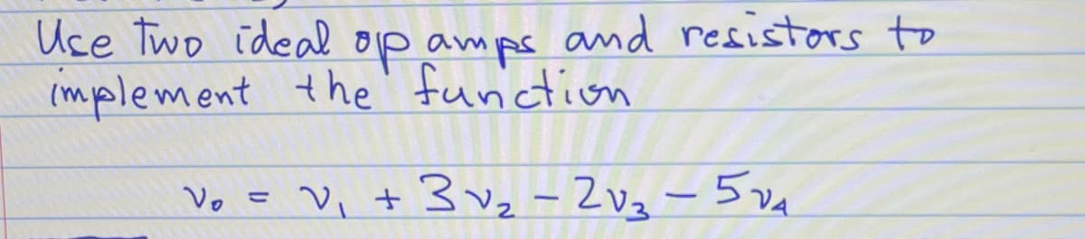 Use two ideal op amps and resistors to
implement the function.
Vo = V₁ + 3√₂-2√₂-524