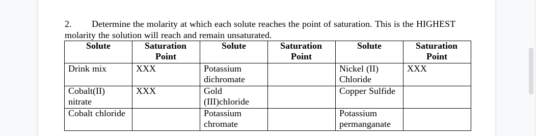 2.
Determine the molarity at which each solute reaches the point of saturation. This is the HIGHEST
molarity the solution will reach and remain unsaturated.
Saturation
Saturation
Point
Solute
Solute
Solute
Saturation
Point
Point
Drink mix
XXX
Potassium
Nickel (II)
XXX
dichromate
Chloride
Cobalt(II)
nitrate
Cobalt chloride
XXX
Gold
Copper Sulfide
(III)chloride
Potassium
Potassium
chromate
permanganate
