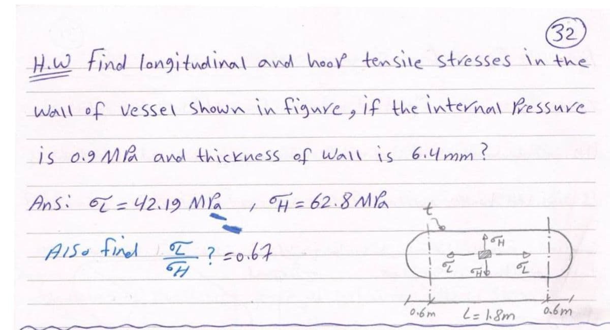32
H.W tind longitudinal and hoor tensile stresses in the
Wall of vessel Shown in figure, if the internal Bessure
is 0.9 Ma and thickness of Wall is 6.4 mm?
Ansi é =42.19 MPa
+ F= 62.8 Ma
Also find ?5067
0.6m
0.6m
