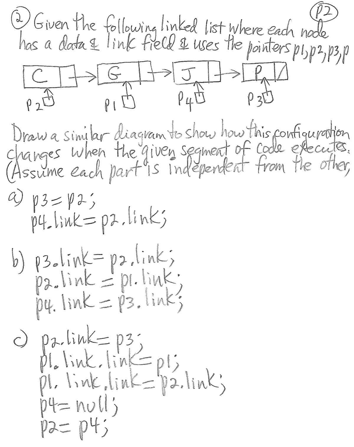 Given the following linked list where each node
has a data & link field & uses tle panters plsp3p3P
J.
Draw a simi ar diagam to show how this ponfiquration
changes when the given segment of Code ekecuts,
(Assume each part'is indepentent from the ofher,
a)
pp2;
3=
p4.link=p2.links
b) p3.link=p2.link;
Pa.link = pi. link:
= pl.
py. link = p3. links
p4.
O parlink= p3;
pi. link.linkpl;
pi, link,link=pa.link;
p4=null;
pa= p4;
