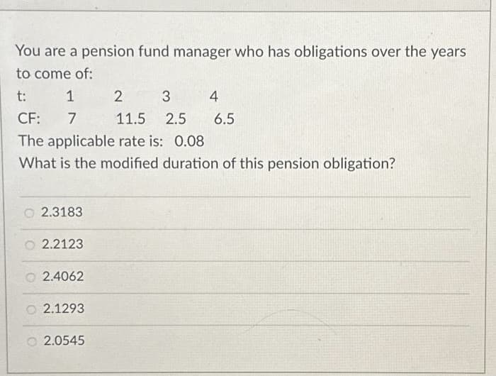 You are a pension fund manager who has obligations over the years
to come of:
t:
CF:
The applicable rate is: 0.08
What is the modified duration of this pension obligation?
1 2 3
7
2.3183
2.2123
O 2.4062
2.1293
2.0545
4
11.5 2.5 6.5