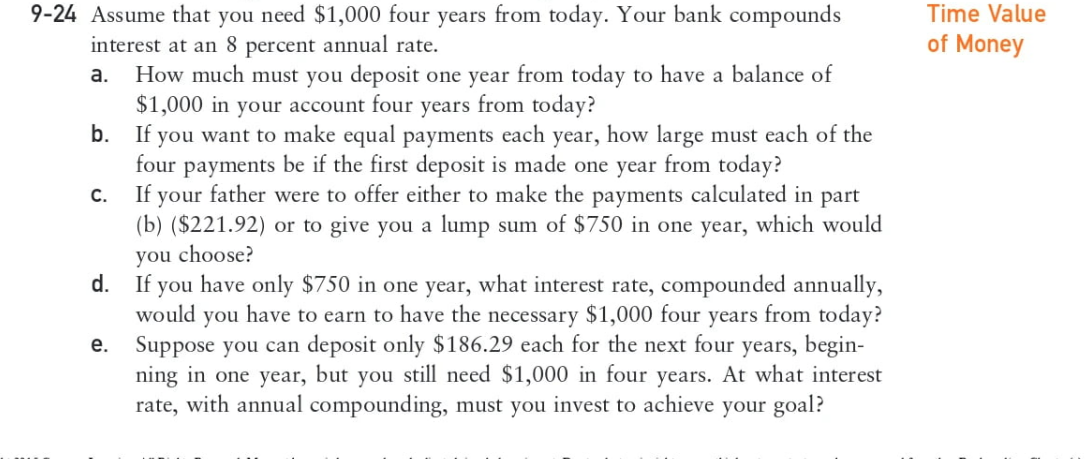 9-24 Assume that you need $1,000 four years from today. Your bank compounds
interest at an 8 percent annual rate.
a.
How much must you deposit one year from today to have a balance of
$1,000 in your account four years from today?
b.
If you want to make equal payments each year, how large must each of the
four payments be if the first deposit is made one year from today?
If your father were to offer either to make the payments calculated in part
(b) ($221.92) or to give you a lump sum of $750 in one year, which would
you choose?
C.
d. If you have only $750 in one year, what interest rate, compounded annually,
would you have to earn to have the necessary $1,000 four years from today?
Suppose you can deposit only $186.29 each for the next four years, begin-
ning in one year, but you still need $1,000 in four years. At what interest
rate, with annual compounding, must you invest to achieve your goal?
e.
Time Value
of Money