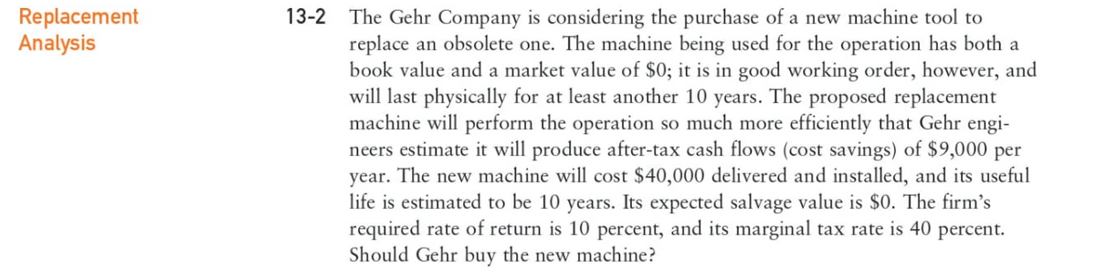 Replacement
Analysis
13-2 The Gehr Company is considering the purchase of a new machine tool to
replace an obsolete one. The machine being used for the operation has both a
book value and a market value of $0; it is in good working order, however, and
will last physically for at least another 10 years. The proposed replacement
machine will perform the operation so much more efficiently that Gehr engi-
neers estimate it will produce after-tax cash flows (cost savings) of $9,000 per
year. The new machine will cost $40,000 delivered and installed, and its useful
life is estimated to be 10 years. Its expected salvage value is $0. The firm's
required rate of return is 10 percent, and its marginal tax rate is 40 percent.
Should Gehr buy the new machine?