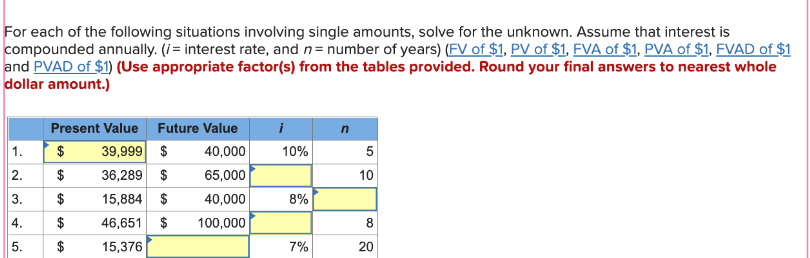 For each of the following situations involving single amounts, solve for the unknown. Assume that interest is
compounded annually. (/= interest rate, and n= number of years) (FV of $1, PV of $1, FVA of $1, PVA of $1, FVAD of $1
and PVAD of $1) (Use appropriate factor(s) from the tables provided. Round your final answers to nearest whole
dollar amount.)
1.
2.
3.
4.
5.
Present Value Future Value
$ 39,999 $
40,000
$
36,289 $
65,000
$
15,884 $
40,000
$
46,651 $
100,000
$
15,376
i
10%
8%
7%
n
5
10
8
20