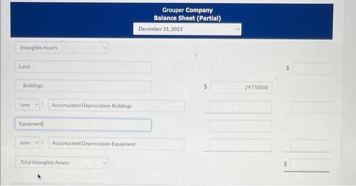 Intangible Assets
Land
Buildings
Less MA Accumulated Depreciation-Buildings
Equipment
Less : Accumulated Depreciation Equipment
Total Intangible Assets
Grouper Company
Balance Sheet (Partial)
December 31, 2023
29770000