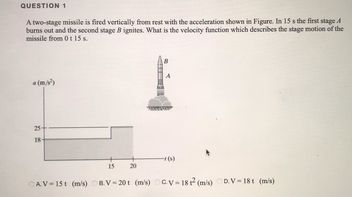 QUESTION 1
A two-stage missile is fired vertically from rest with the acceleration shown in Figure. In 15 s the first stage A
burns out and the second stage B ignites. What is the velocity function which describes the stage motion of the
missile from 0t 15 s.
В
A
a (m/s)
25+
18
(s)1
15
20
O A. V = 15 t (m/s) O B. V = 20 t (m/s) OC. V = 18 t² (m/s) O D. V = 18 t (m/s)
