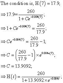 The condition is, H (7) = 17.9;
260
1+ Ce-0.004 (7)
17.9=
⇒1+C₂-0.004(7)
⇒C₂ -0.004(7)
⇒
-662) = 5-
260
17.9
260
17.9'
¡-1)×
⇒C 13.9092;
⇒H(t)=
- 1;
0.004x(7).
xeº
260
1+13.9092xe-0.004z