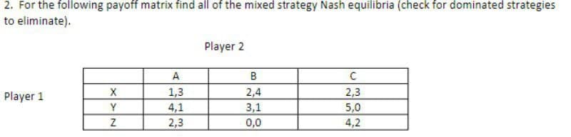 2. For the following payoff matrix find all of the mixed strategy Nash equilibria (check for dominated strategies
to eliminate).
Player 2
A
B
C
Player 1
X
1,3
2,4
2,3
Y
Z
42
4,1
3,1
5,0
2,3
0,0
4,2