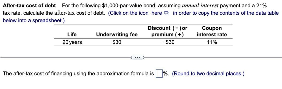 After-tax cost of debt For the following $1,000-par-value bond, assuming annual interest payment and a 21%
tax rate, calculate the after-tax cost of debt. (Click on the icon here in order to copy the contents of the data table
below into a spreadsheet.)
Discount (-) or
Life
20 years
Underwriting fee
$30
premium (+)
- $30
Coupon
interest rate
11%
The after-tax cost of financing using the approximation formula is
%. (Round to two decimal places.)