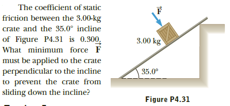 The coefficient of static
friction between the 3.00-kg
crate and the 35.0° incline
of Figure P4.31 is 0.300,
What minimum force F
3.00 kg
must be applied to the crate
perpendicular to the incline
35.0°
to prevent the crate from
sliding down the incline?
Figure P4.31
