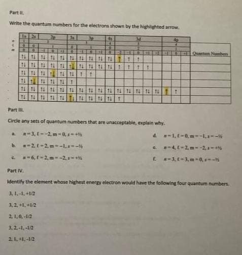 Part II.
Write the quantum numbers for the electrons shown by the highlighted arrow.
1s 2s
2p
31
9
#
9 HE 93 0
3p
T
4₁
4
0
A n=3,0--2, m-0,45
b. a-21-2m=-1.1--
C. #-6, 1-2, m--2,x=+5
2.1. +1,-12
3d
TL TATA T4 T4 T4 T4 T4 T4 T4 T 1 T
TATA TATA TAT
TATA TA TL 1 T 1 T
11
023 B BEOCI
TA TATA TË T4 14
TA TË TA TË 14 T
T4 T4 T4 TL 14 14 14 14 14 TA TATA TATA1417
TA TATA TATA TATA TATA TAT
Part III.
Circle any sets of quantum numbers that are unacceptable, explain why.
4p
4
C
Quantum Numbers
d. #-1,8-0, m--1,3--
n-4, L-2, m--2,1-4
E N-3, C-3,m=0, x=-15
Part IV.
Identify the element whose highest energy electron would have the following four quantum numbers,
3, 1.-1, +1/2
3.2, +1, +12
2,1,0,-1.2
3,2,-1,-1/2