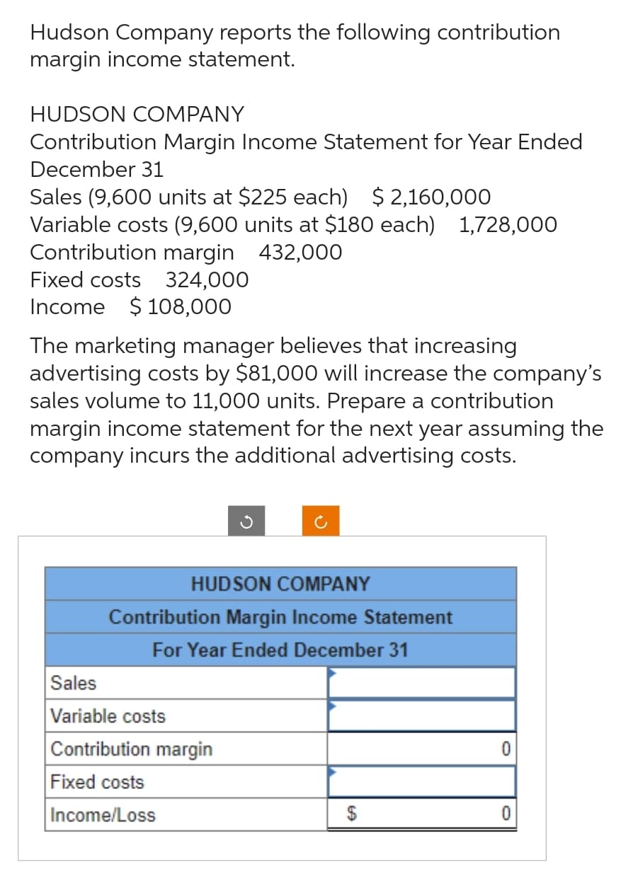 Hudson Company reports the following contribution
margin income statement.
HUDSON COMPANY
Contribution Margin Income Statement for Year Ended
December 31
Sales (9,600 units at $225 each) $2,160,000
Variable costs (9,600 units at $180 each) 1,728,000
Contribution margin 432,000
Fixed costs 324,000
Income $108,000
The marketing manager believes that increasing
advertising costs by $81,000 will increase the company's
sales volume to 11,000 units. Prepare a contribution
margin income statement for the next year assuming the
company incurs the additional advertising costs.
HUDSON COMPANY
Contribution Margin Income Statement
For Year Ended December 31
Sales
Variable costs
Contribution margin
Fixed costs
Income/Loss
0