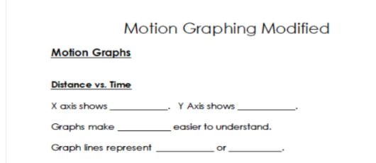 Motion Graphing Modified
Motion Graphs
Distance vs. Time
X axis shows
Y Axis shows,
Graphs make
easier to understand.
Graph lines represent
or
