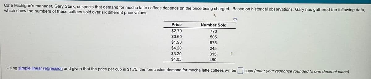 Café Michigan's manager, Gary Stark, suspects that demand for mocha latte coffees depends on the price being charged. Based on historical observations, Gary has gathered the following data,
which show the numbers of these coffees sold over six different price values:
Price
$2.70
$3.60
$1.90
Number Sold
770
505
975
245
315
480
$4.20
$3.20
$4.05
Using simple linear regression and given that the price per cup is $1.75, the forecasted demand for mocha latte coffees will be cups (enter your response rounded to one decimal place).