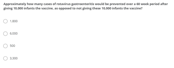 Approximately how many cases of rotavirus gastroenteritis would be prevented over a 60 week period after
giving 10,000 infants the vaccine, as opposed to not giving these 10,000 infants the vaccine?
1,800
6,000
500
3,300
