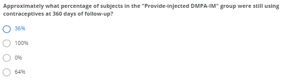 Approximately what percentage of subjects in the "Provide-injected DMPA-IM" group were still using
contraceptives at 360 days of follow-up?
36%
100%
0%
64%
