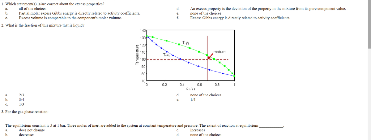1. Which statement(s) is/are correct about the excess properties?
all of the choices
d.
An excess property is the deviation of the property in the mixture from its pure component value.
none of the choices
Excess Gibbs energy is directly related to activity coefficients.
а.
b.
Partial molar excess Gibbs energy is directly related to activity coefficients.
Excess volume is comparable to the component's molar volume.
е.
c.
f.
2. What is the fraction of this mixture that is liquid?
140
1301
T-y1
120
110
mixture
T-X1
100
90
80
70
0.2
0.4
0.6
0.8
1
X1, Y1
2/3
d.
none of the choices
а.
b.
3/4
е.
1/4
c.
1/3
3. For the gas-phase reaction:
The equilibrium constant is 5 at 1 bar. Three moles of inert are added to the system at constant temperature and pressure. The extent of reaction at equilibrium
does not change
increases
а.
c.
b.
decreases
d.
none of the choices
Temperature
