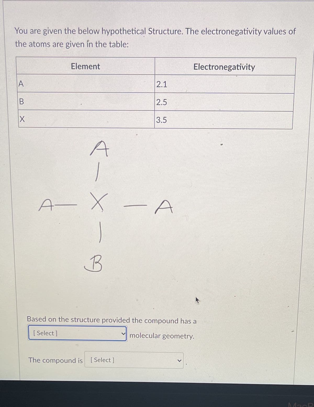 You are given the below hypothetical Structure. The electronegativity values of
the atoms are given in the table:
Element
Electronegativity
A
2.1
2.5
3.5
A
A X
B
Based on the structure provided the compound has a
[ Select ]
molecular geometry.
The compound is [Select ]
MacR

