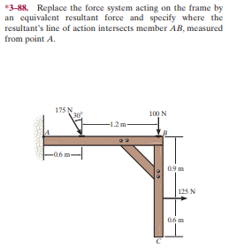 *3-88. Replace the force system acting on the frame by
an equivalent resultant force and specify where the
resultant's line of action intersects member AB, measured
from point A.
175 N
100 N
-06 m-
09 m
125 N
0.6 m
