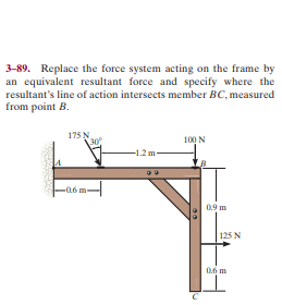 3-89. Replace the force system acting on the frame by
an equivalent resultant force and specify where the
resultant's line of action intersects member BC, measured
from point B.
175 N
100 N
-06 m-
09 m
125 N
0.6 m
