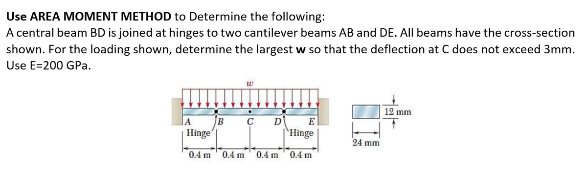 Use AREA MOMENT METHOD to Determine the following:
A central beam BD is joined at hinges to two cantilever beams AB and DE. All beams have the cross-section
shown. For the loading shown, determine the largest w so that the deflection at C does not exceed 3mm.
Use E=200 GPa.
w
12 mm
A
C
D
E
Hinge'
Hinge
24 mm
0.4 m
0.4 m
0.4 m
0.4 m
