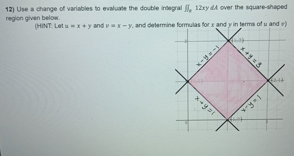 R
12) Use a change of variables to evaluate the double integral f₂ 12xy dA over the square-shaped
region given below.
(HINT: Let u = x+y and v = x - y, and determine formulas for x and y in terms of u and v)
2
x-y=-1
(10)
x+y=1
(1.2)
x+4=3
(0-1)
x-y=1
(2.1)