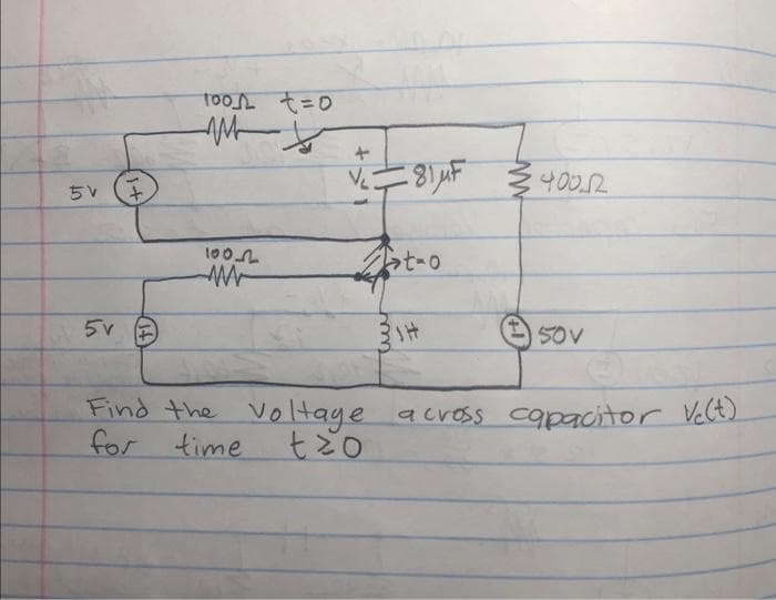 5V
+1
5v (F)
100 =0
AM
100
V₂
- 814F 340012
t-o
31H
50V
Find the voltage across capacitor
for time
tzo
Ve(t)
